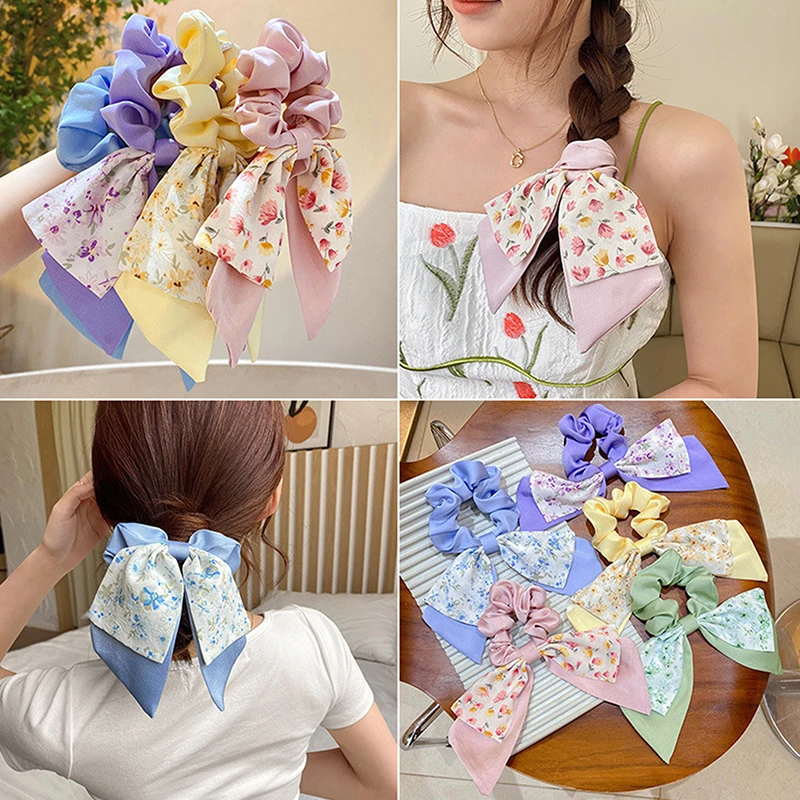 Fashion Women Bow Hair Scrunchies Knotted Bowknot Hair Ties Floral Print Sweet Elastic Hair Band Hair Ponytail Holder Accessorie