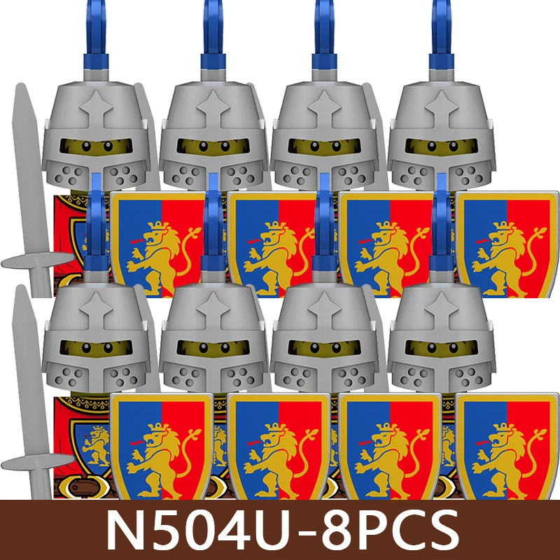 Medieval Castle UV Printed Soldier Figures Building Blocks Military Knight Warrior Spear Lion King Shield Accessories Bricks Toy view 5