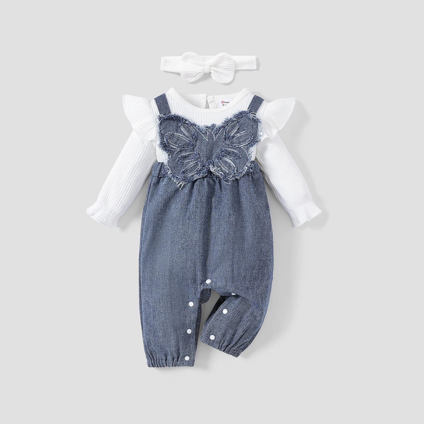 

PatPat 2pcs Baby Girl Sweet Bow Print Long Sleeve Denim Jumpsuit Set