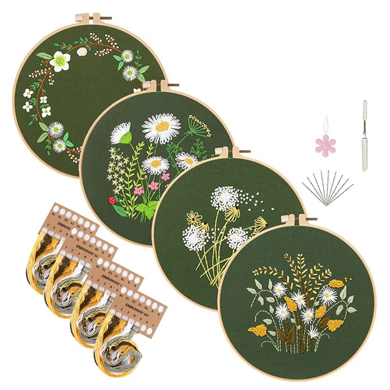 4 Sets Hand Embroidery Kit For Beginners Adults , Embroidery Kit Includes Flower, Hoop, Color Threads, Tools, Durable