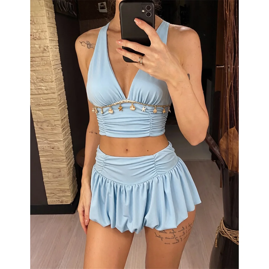 XS - L V-Ausschnitt, plissierter Rock, Bikini, Damen-Badeanzug, zweiteiliges Bikini-Set, gepolsterter Badeanzug, Badebekleidung, V8403 – Detail 2