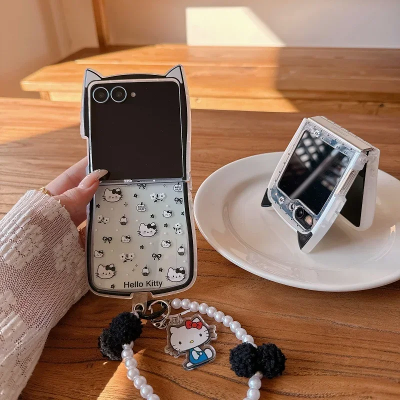 Cute Cartoon Cat Ear Cake Polka Dot Hello Kitty Phone Case for Samsung Galaxy Z Flip 3 4 5 6 7 with Pearl Fur Ball Lanyard