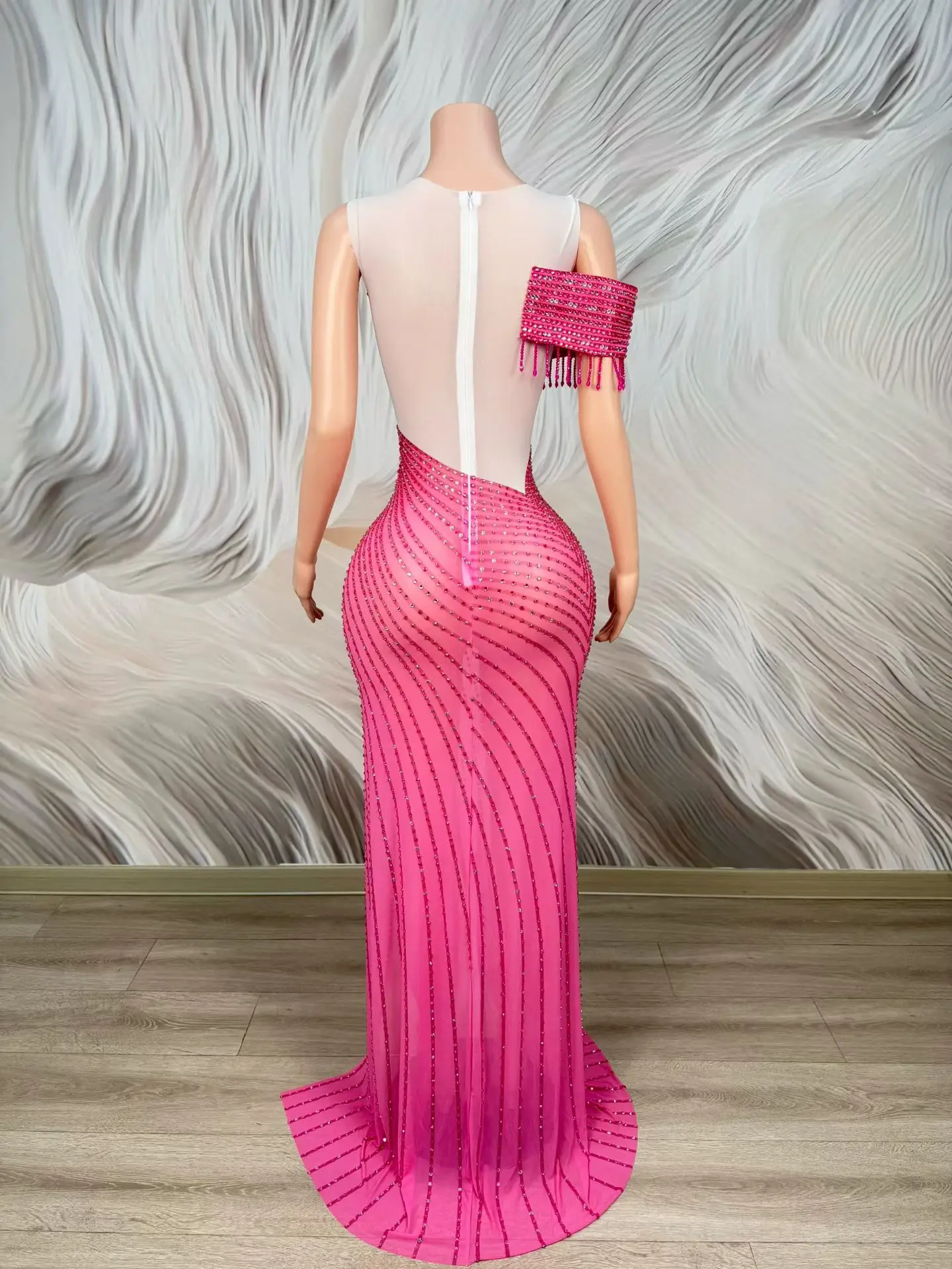 Mulan Elegant Fuchsia Full Rhinestone Mermaid Evening Dress Single Fringe Sleeve Cutout Waist High Slit Birthday Gala Gown