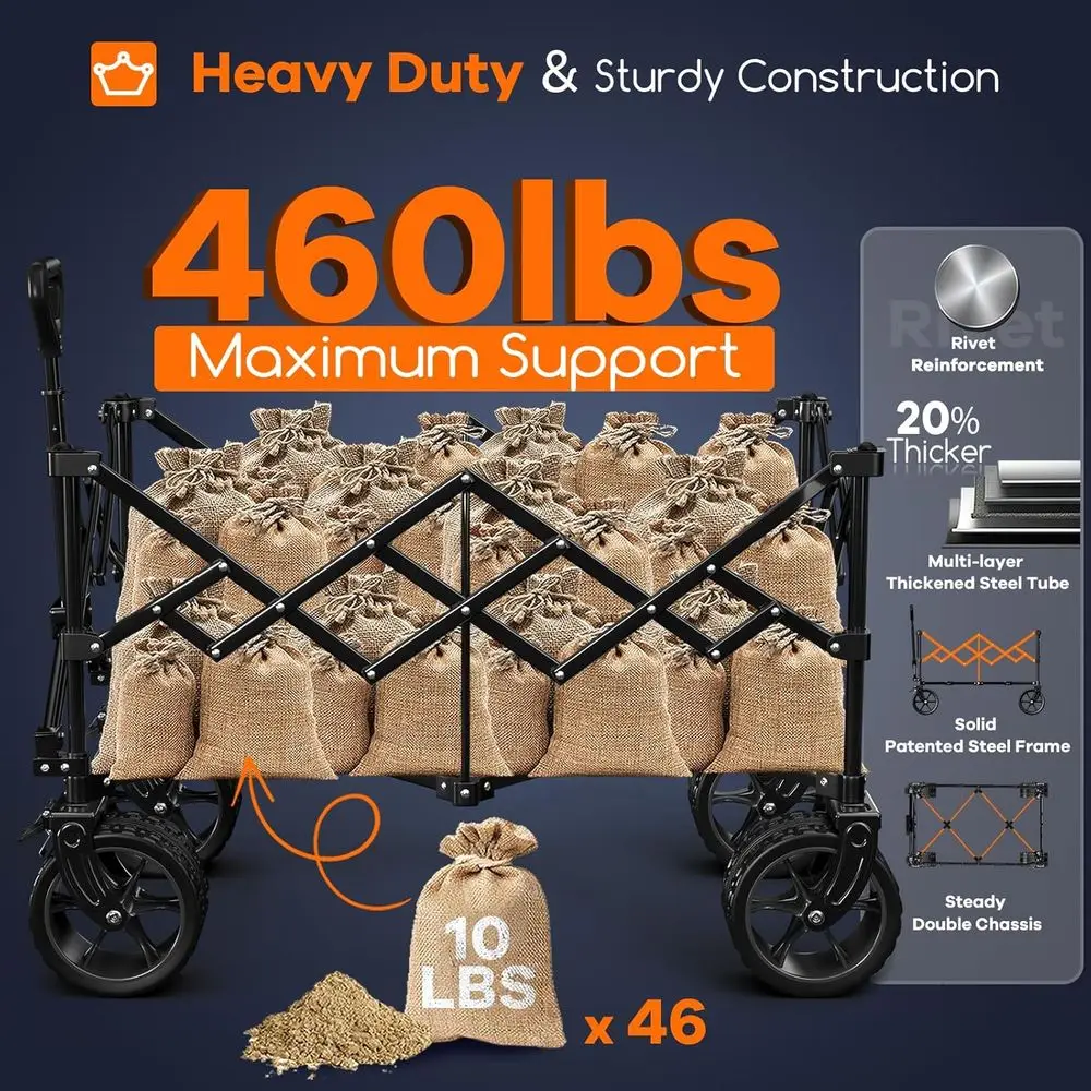Collapsible Wagon Cart with 460lbs Load Capacity, All-Terrain Wheels for Beach, Groceries, Camping, Sports - Heavy Duty Folding