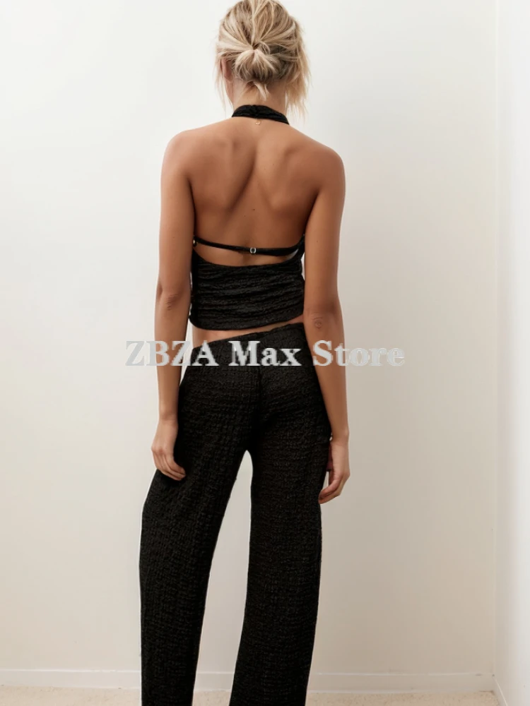 Textured Shirt Pant Suit Hanging Neck Backless Adjustable Strap Top Elastic Mid Waist Straight Leg Wide Leg Pants New Chic Set