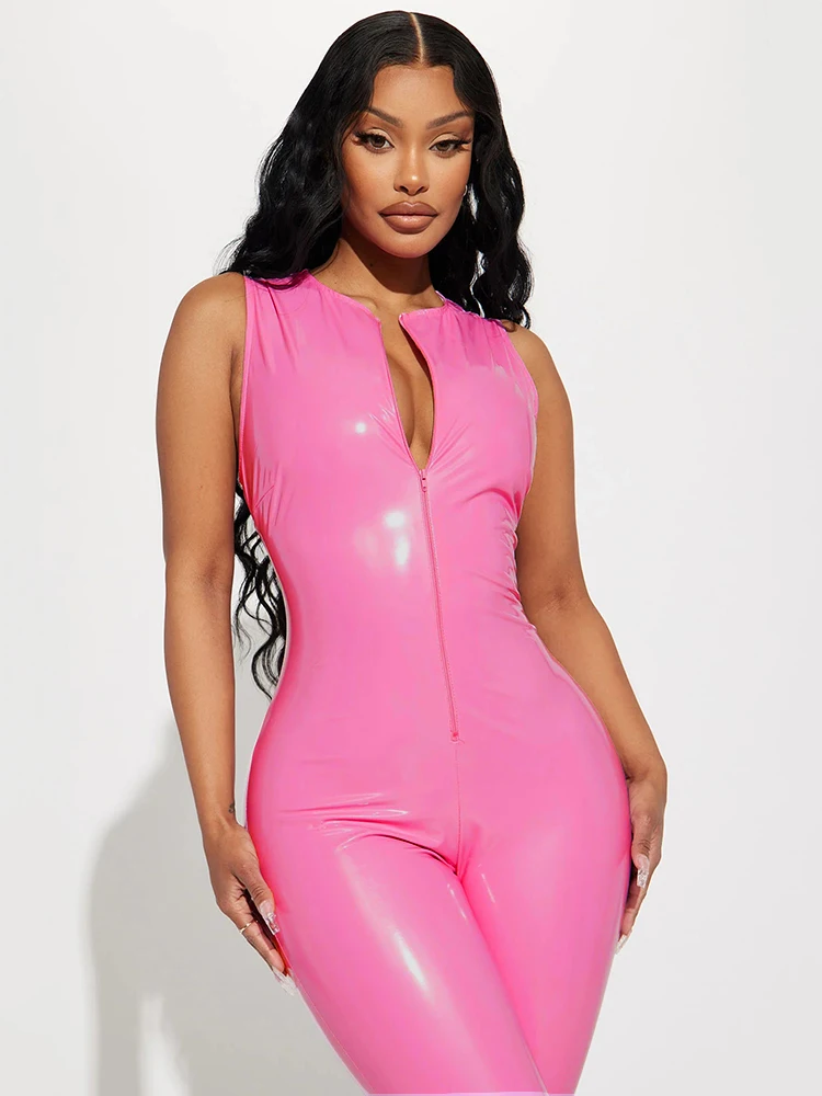 Faux Latex Plus Size Jumpsuits 6XL Women Stretch Slim PU Leather Jumpsuits Bodycon Sleeveless Summer Rompers Clubwear 7XL Custom