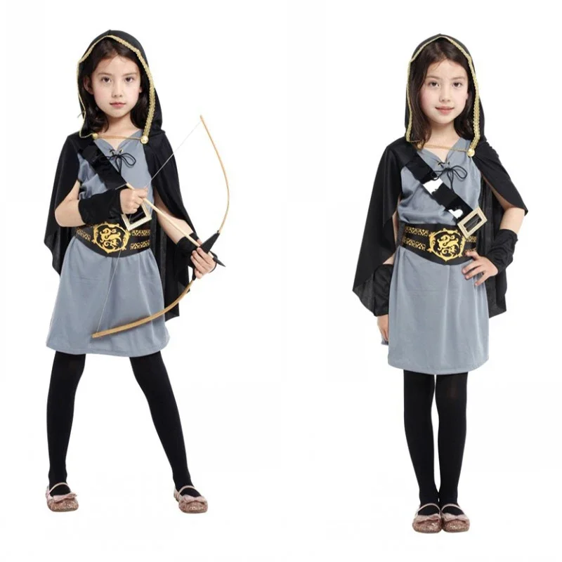 Kids Hooded Archer Huntress Costume for Girls Medieval Warrior Knight Clothes Halloween Dress Purim Carnival Party Suits