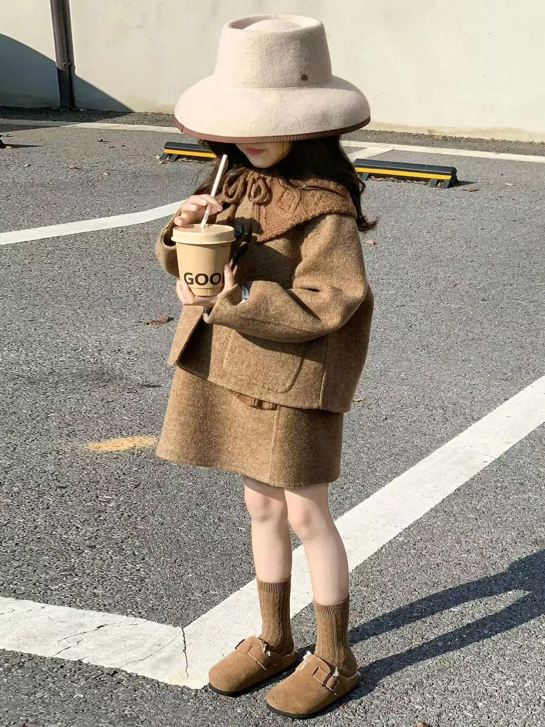 Korean 2025 Autumn and Winter New Retro Brown Woolen Suit Set for Girls Big Turn-down Collar Jacket Skirt Two Piece Set
