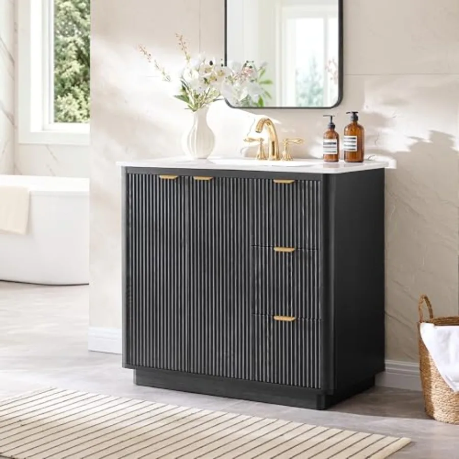 

30" Bathroom Vanity with Sink, Floor-Standing PVC Waterproof Cabinet, Curved Panel Design, Integrated Ceramic Basin with Standa