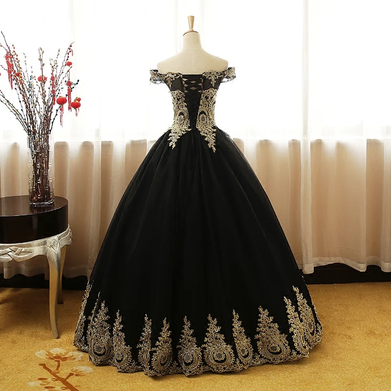 Maßgeschneiderte schwarze Quinceanera-Kleider aus der Schulter, goldene Applikationen, Vestidos De Gala Largos, Abendkleid, Maskerade-Ballkleider