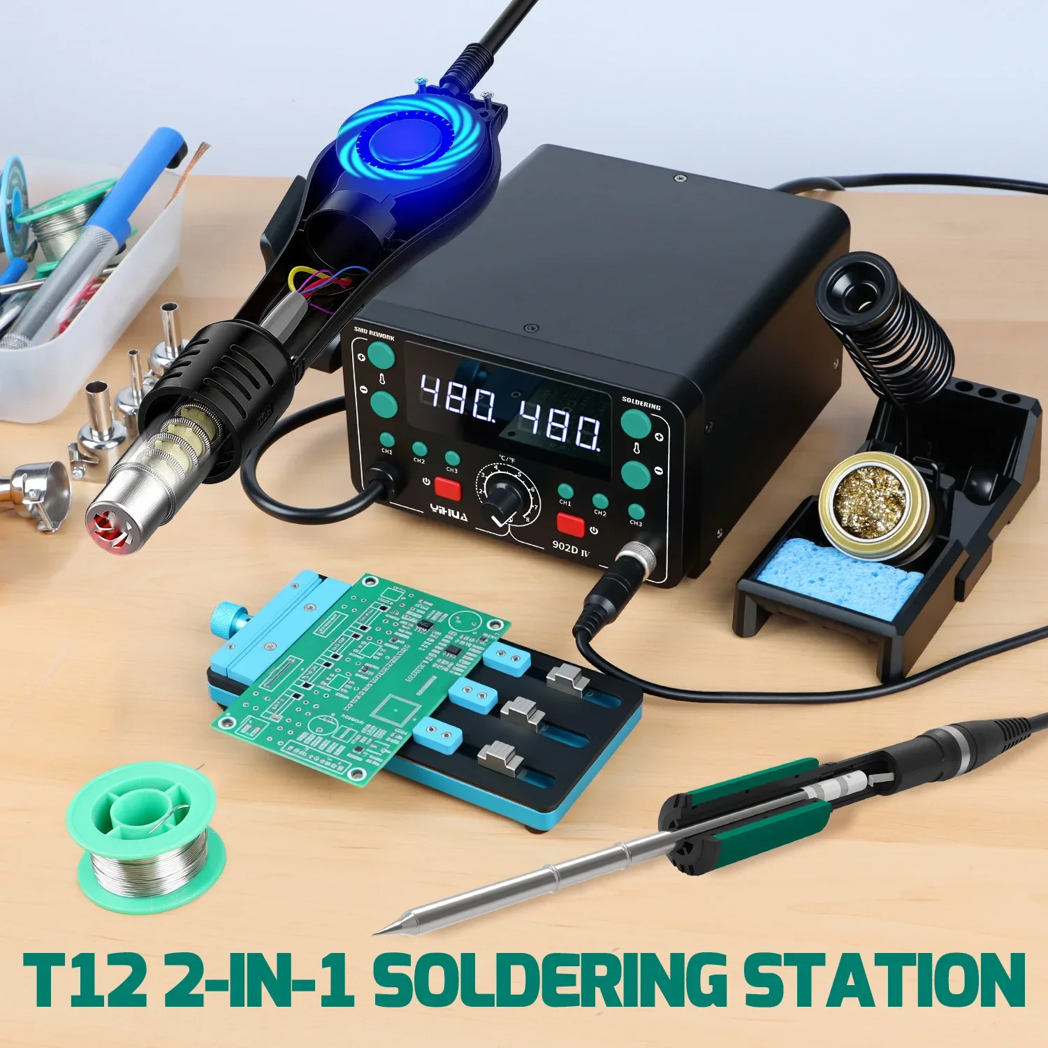 YIHUA 902D-IV 775W SMD Repair Fast Heating LCD Large Display 2 in 1 Hot Air T12 Hot Air Heat g un Mobile Phone Repair Tools