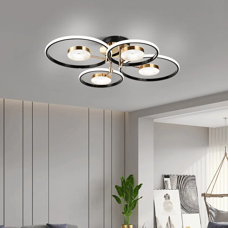 Nordic Living Room Villa Ceiling Light Dining Hall Bedroom Simple Chandelier Decoration Circular Lampshade LED Tri-Color Light