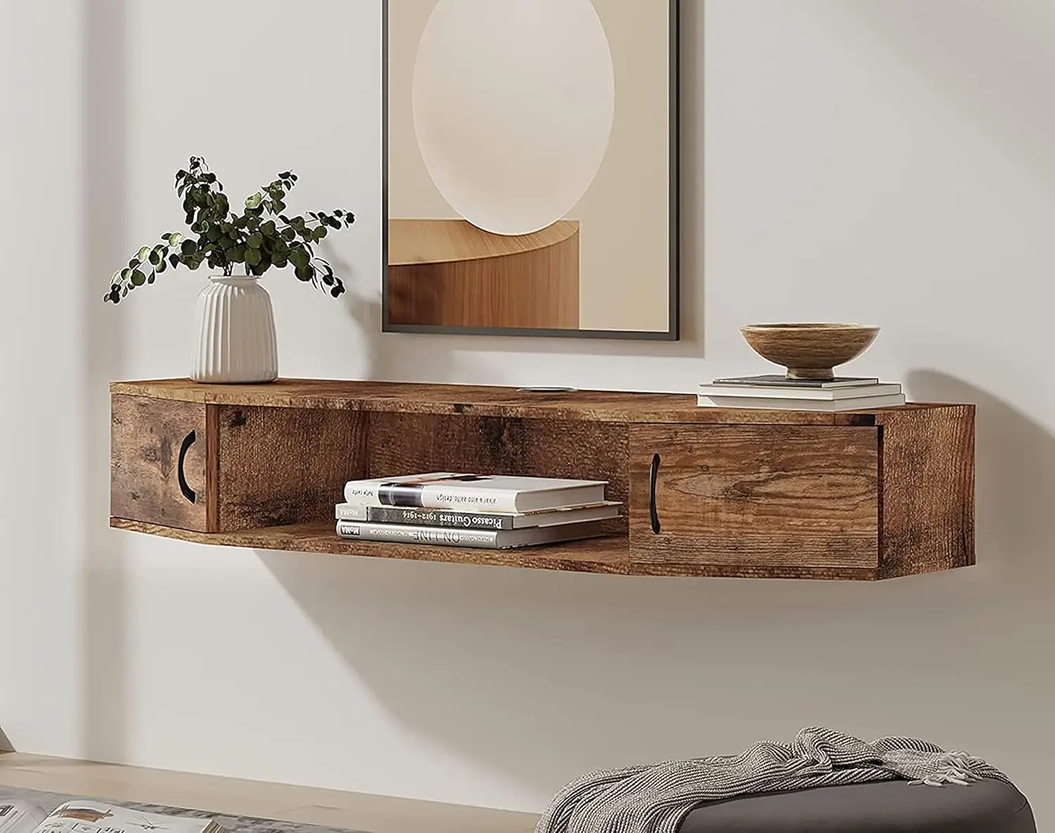

Floating TV Stand Wood Media Console, 4 Shelves, Wall Mounted, Vintage Design, Wire Management, Stable, Easy Installation