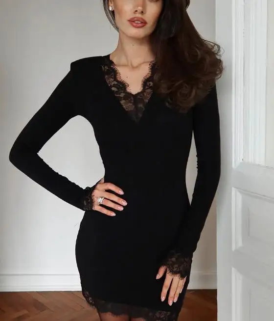 

Black Milk Silk V-Neck Lace Splicing Skirt Sexy Tight Butt Wrapped Autumn Winter Elegant Dress for Women