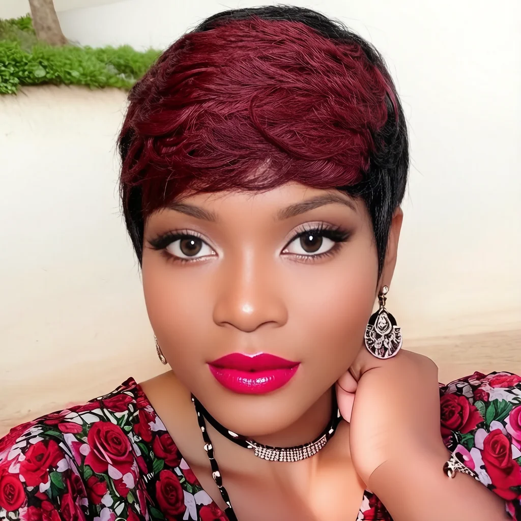 

Two Tone Black & Burgundy Short Human Hair Wig, Full machine made Pixie Cut Wig with Bangs, Natural Looking Wig
