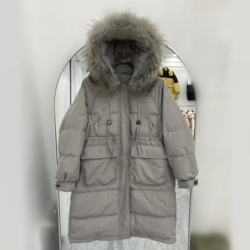 겨울 신상 여성용 다운 재킷 출퇴근용 후드 루즈핏 따뜻한 퍼 칼라 화이트 덕 다운 파카 코트