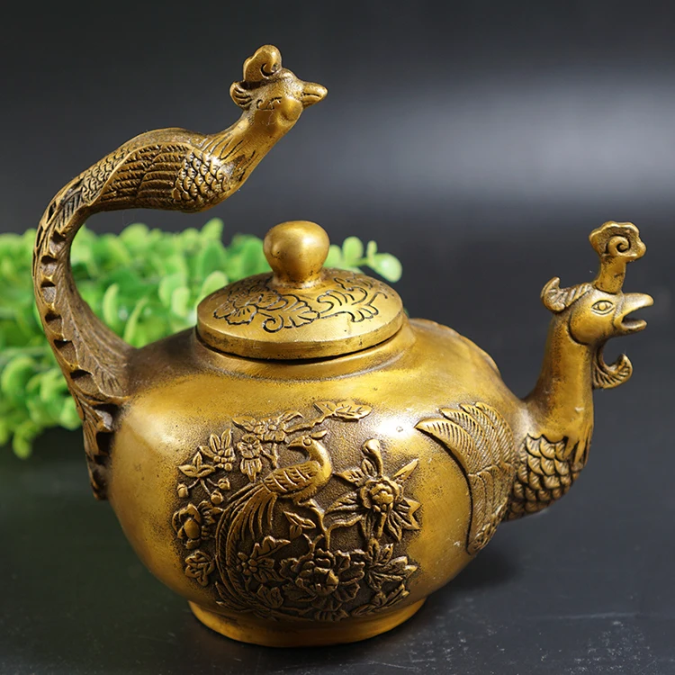 

Antique Collection Pure Copper Phoenix Ruyi Peony Flowers Prosperous Hickory Kettle Ganlong Annual Craft Gifts