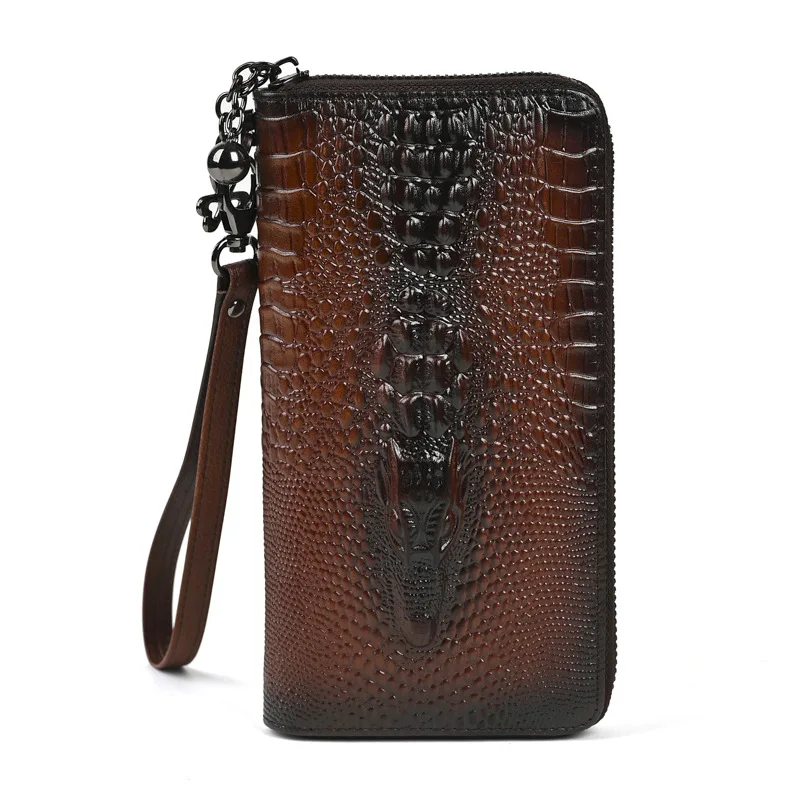 Cartera larga de cuero genuino con patrón de cocodrilo para hombre, tarjetero de negocios, bolso de mano con capa superior de piel de vaca, Clip para dinero para hombre