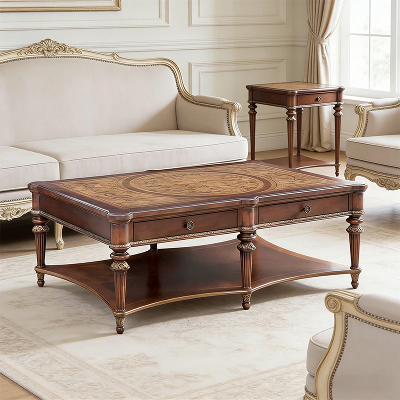 !@Exquisite Italian-Style Designer Rustic Coffee Table Burl Wood Inlay & Solid Mahogany Frame Luxury Centre Table Living Room