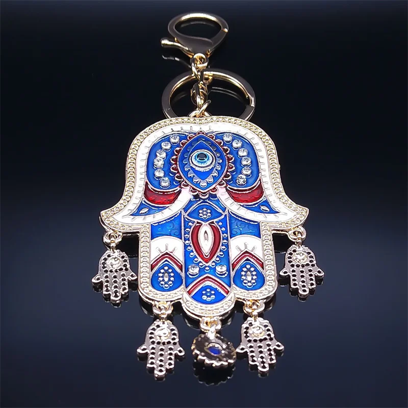 Islamic Big Hamsa Hand Enamel Turkish Eye Key Chain for Women Alloy Hand of Fatima Lucky Evil Blue Eyes Tassel Keyring Jewelry