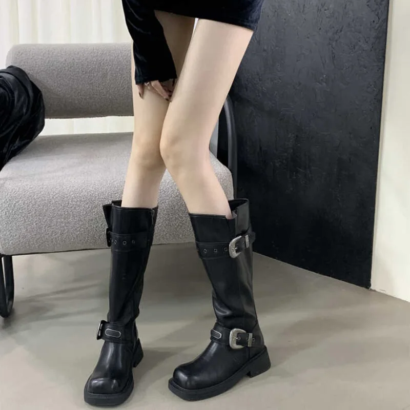 Designer Vintage Women Knight Long Boots Fashion Elegant Belt Buckle Shoes Square Heel Women\'s Western Knee High Booties