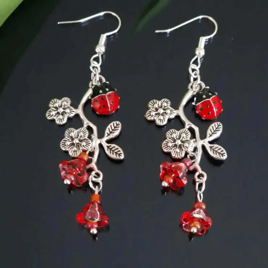 Ladybug Flower Earrings, Vintage Jewelry, 3D Red Flowers, Bohemian Accessories, Insects, Ear Hook For Women