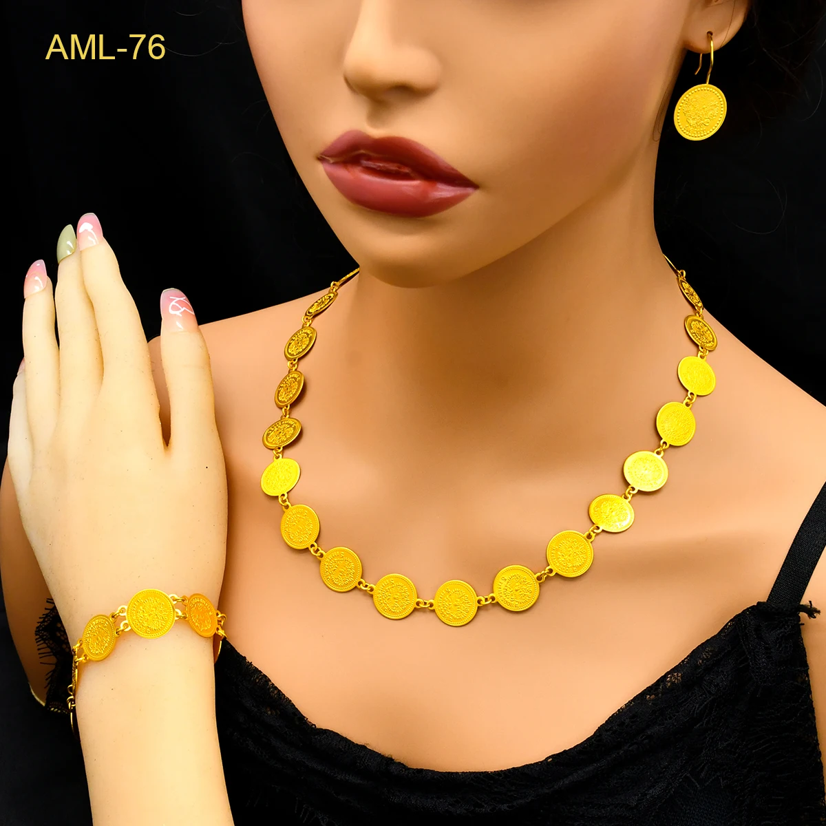 

Luxury Dubai Gold Plated Jewelry Sets African Women Wedding Indian Jewellery Ethiopian Coin Necklace Earrings Bracelets Set