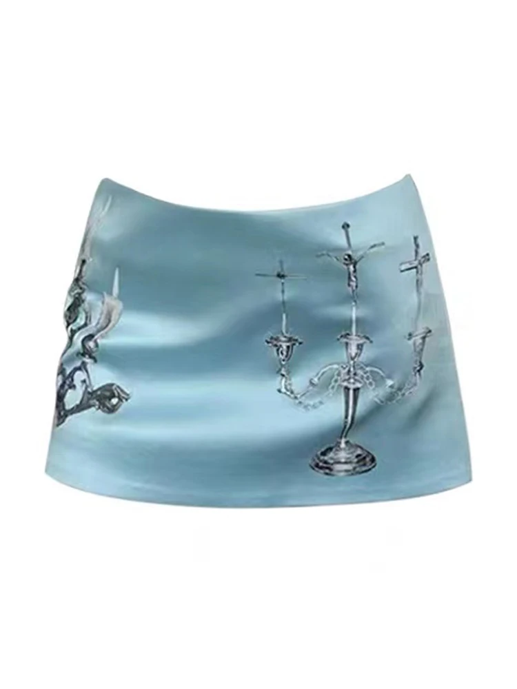 

Acetate Pearl Blue Candle Print ort ter Sexy Low Waist Women's Skirt Retro Sle Bodycon Skirt ort Length