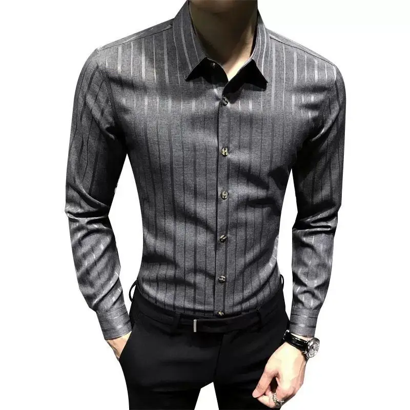 Korean Slim Youth Striped Shirt Tops Men\'s Spring Autumn New Long Sleeve Polo Neck Casual Blouse Vintage Trend Men Clothing