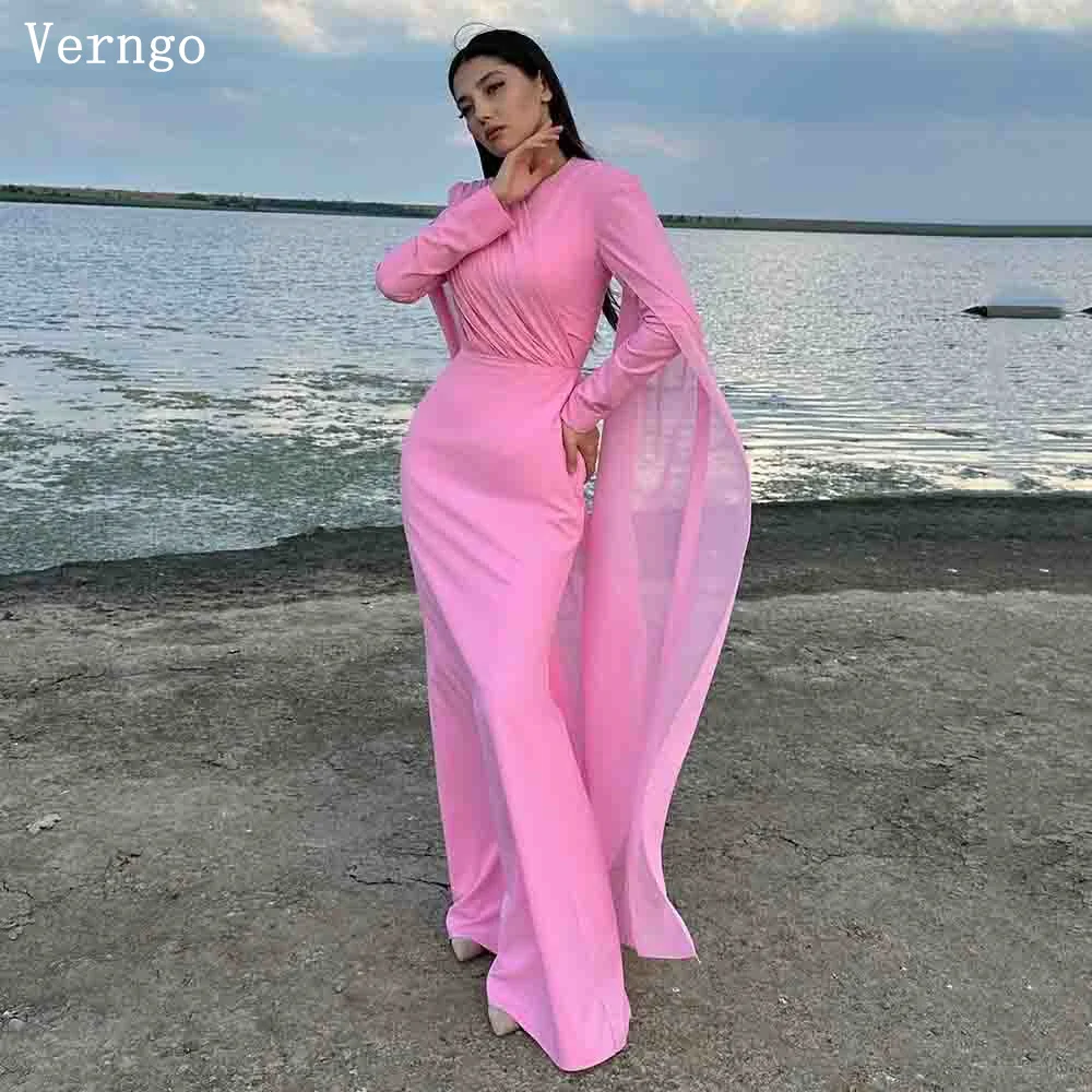 

Verngo Pink Chiffon Prom Gowns High Neck Full Sleeves Long Mermaid Party Dress For Women Simple Saudi Arabic Prom Evening Dress