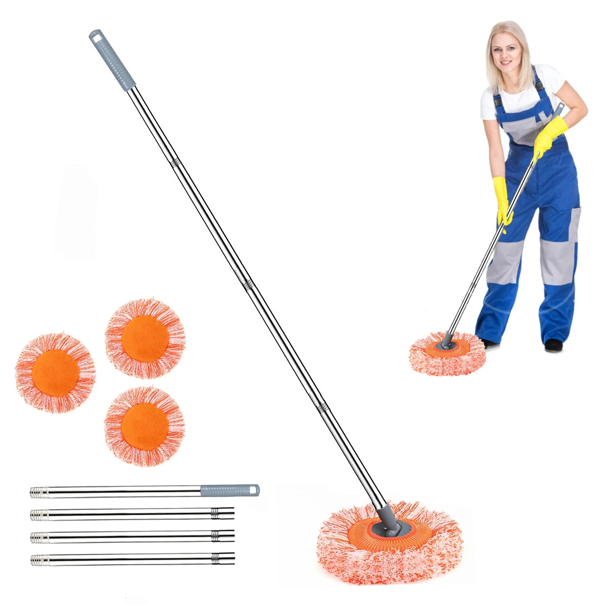 Mop with 4 Mop Headers Sunflower Mop Household One Clean Dry and Wet Mop Free Hand Wash Dehydrated Mop Rotary Sunflower Mop