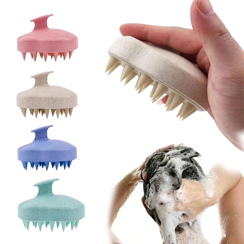 New！Silicone Shampoo Brush Wheat Straw TPE Handle Massage Scalp Soft Comb Hair Washing Massage Deep Scalp Cleaning Bath Brushes