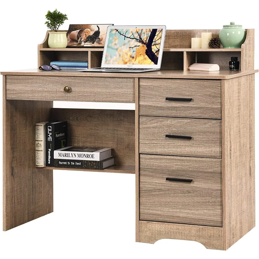 Computer Desk with 4 Drawers and Hutch Wood Executive Desks with File Drawer and Shelves Small Desk Study Table for Bedroom Stu