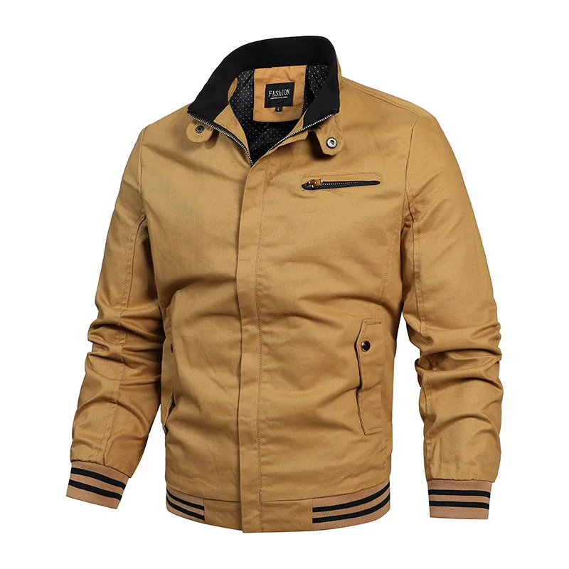 2025 Autumn Men Cargo Jacket Fashion Contrast Color Striped Stand Collar Man Coat Long Sleeve Outdoor Casual Male Outerwear