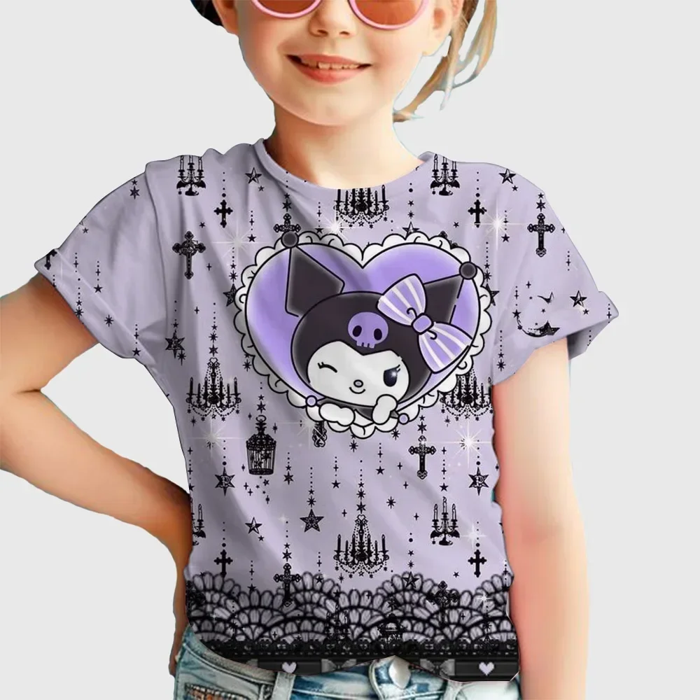 

2025Anime Hello Kitty Children's T-shirt Cartoon Cute Girls Kuromi Tshirt Children Tshirt Manga Clothes Tee Shirt Kids Boys Tops