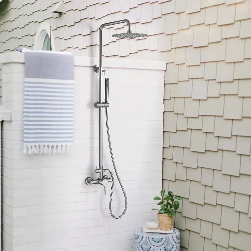 Wall Mount Outdoor Shower Kit, Outside Shower Faucet with Height Adjustable Rain Shower Head and Handheld, Exposed Shower