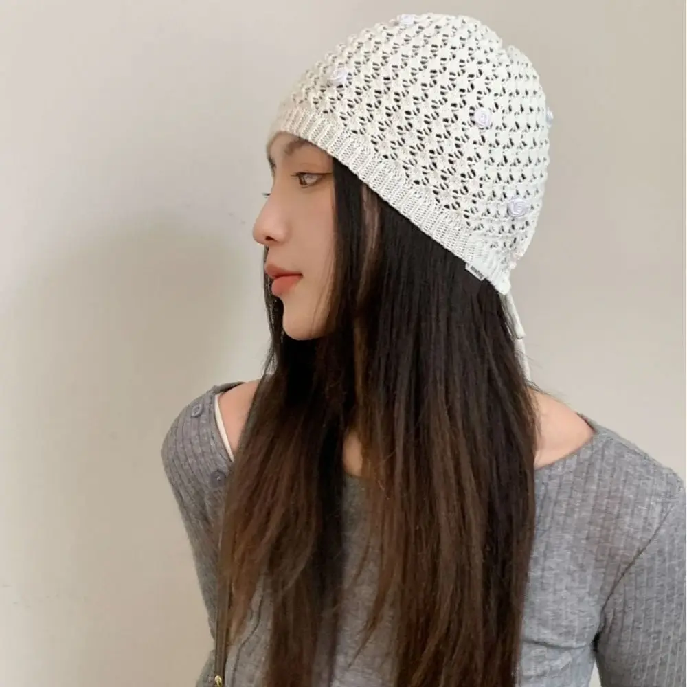 

Breathable Hollowed Out Knitted Hat Flowers Summer Skullies Hat Fashion Casual Sun Visor for Women