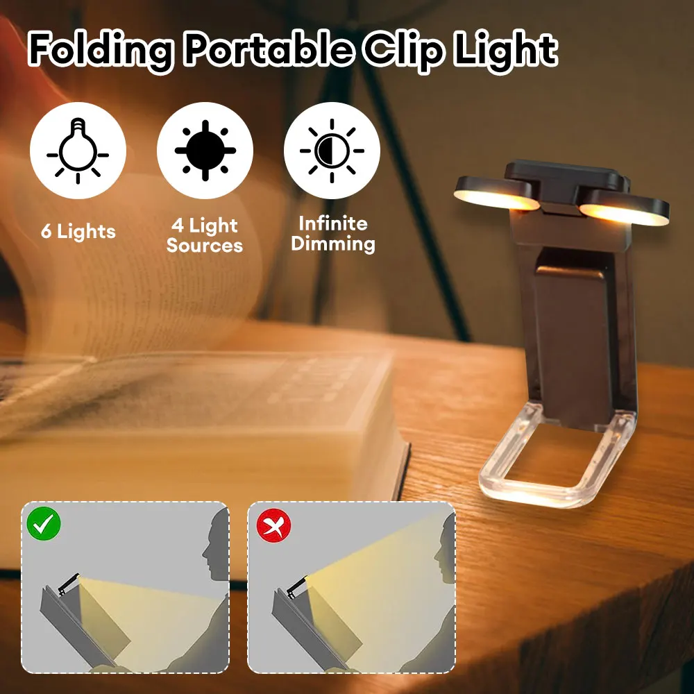 Clip-on Bookmark Book Light USB Rechargeable Reading Light Adjustable Brightness Portable Reading Light Bedside Desk Light