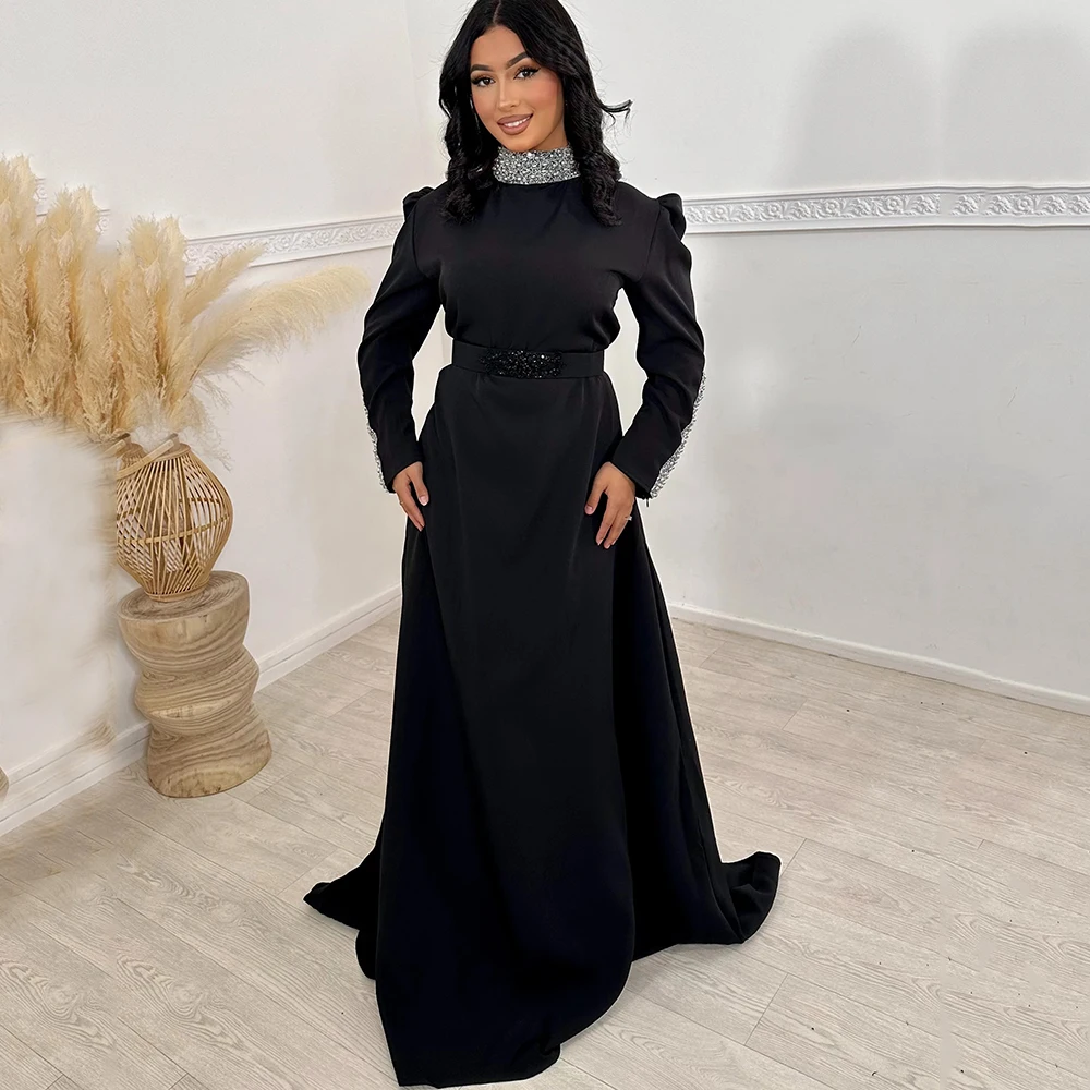 

Flechazo High Neck Evening Dress Classic Black A-Line Floor Length with Belt Beading Long Sleeve Women Banquet Customized Gowns