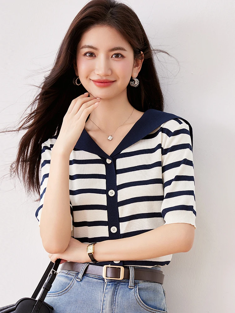 Korean V-neck Striped Knitted Cardigan For Women 2024 New Summer French Simple Single Breasted Short Sleeve Chic Top