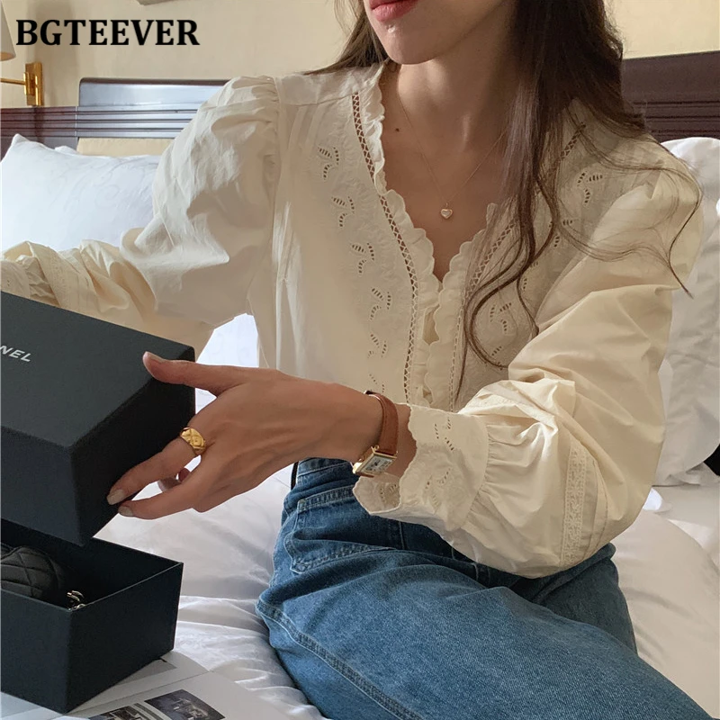 BGTEEVER Vintage Long Sleeve Embroidery Blouses Women Elegant Hollow-out V-neck Female Shirts Tops