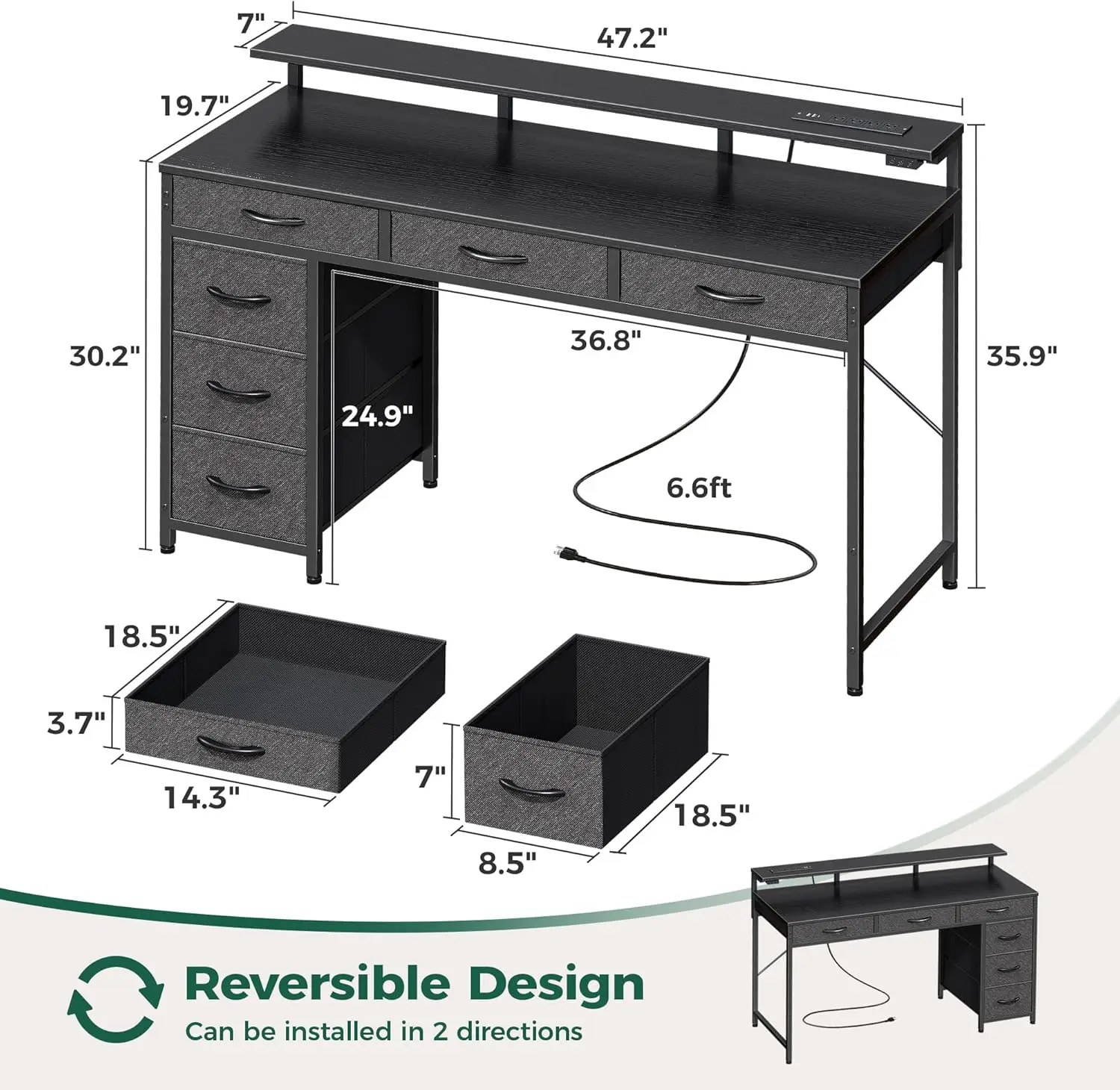 47 Inch Gaming Desk with LED Lights, 6 Drawers, Power Outlets & Type-C - Adjustable Monitor Stand for Home Office