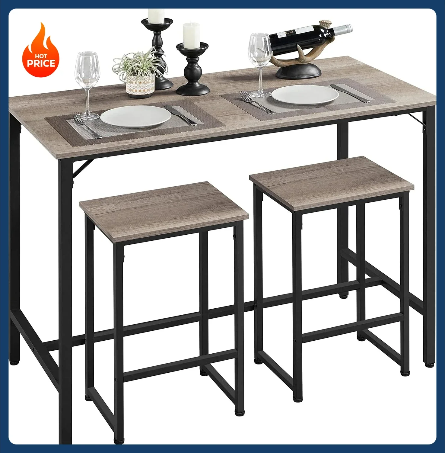 

[Новое поступление! ] Набор обеденных столов из 3 предметов, промышленный набор столов для паба 47,5 дюйма, кухонный стол высотой со столешницей и набором барных стульев из 2 шт., ф