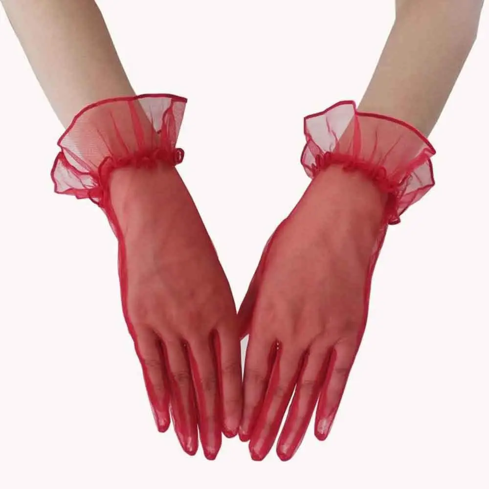 Wrist Transparent Women Tulle Gloves Short Full Finger Gauze Lace Gloves Ultra Thin Bridal Wedding Mesh Gloves Ladies