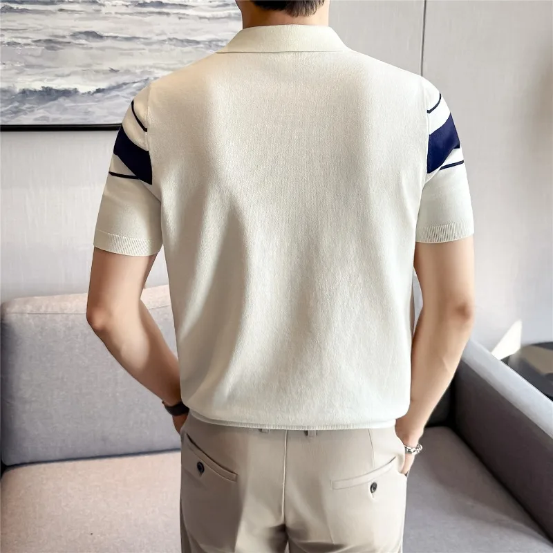 Men's Knitted Polo Shirt 2026 Summer New High Elasticity Loose Casual Top Striped Short Sleeved T-shirt Fashion Men's Clothing