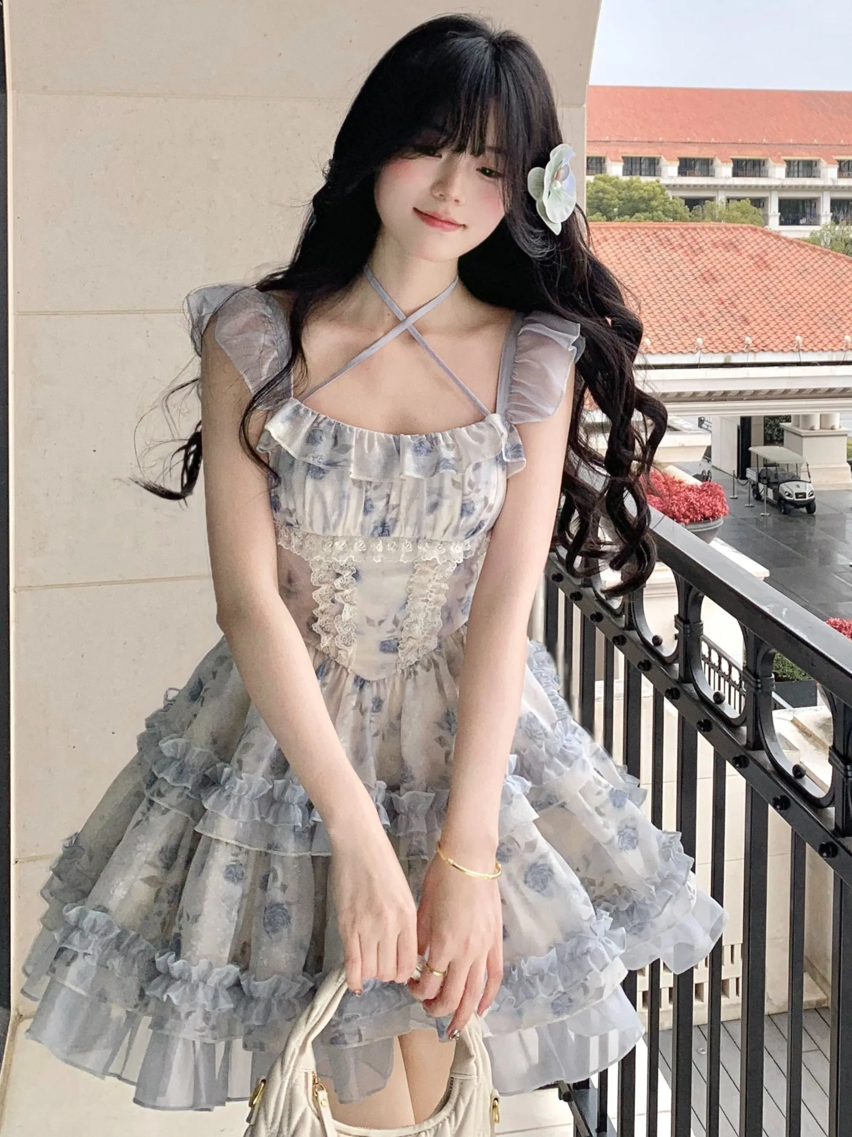 Zomer bloemenprint gezwollen rok Dr dames hoge taille knoop ort stuiterende Princ Cake Sle voor Franse Sle