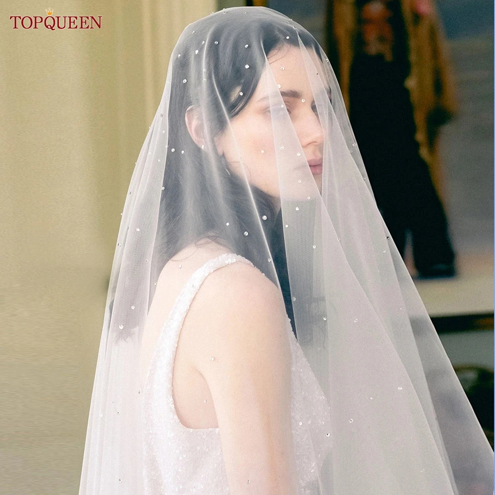 TOPQUEEN V133 Bridal Veils Wedding Crystal Beaded Drop Veil Long Wedding Veils with Rhinestones Cathedral Veils Sparking Veil