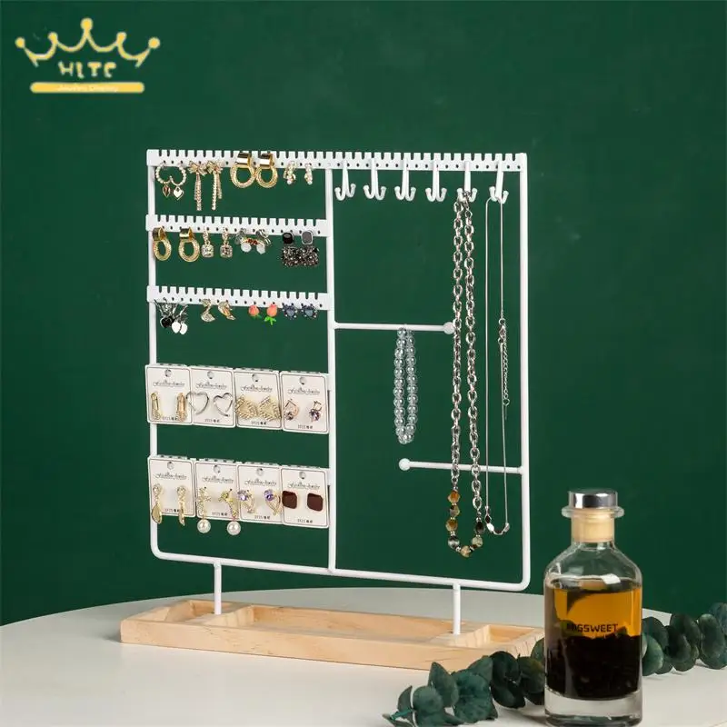 Large Capacity Metal Earring Bracelet Display Stand Detachable Wooden Base Earring Necklace Storage Hanger Jewelry Rack