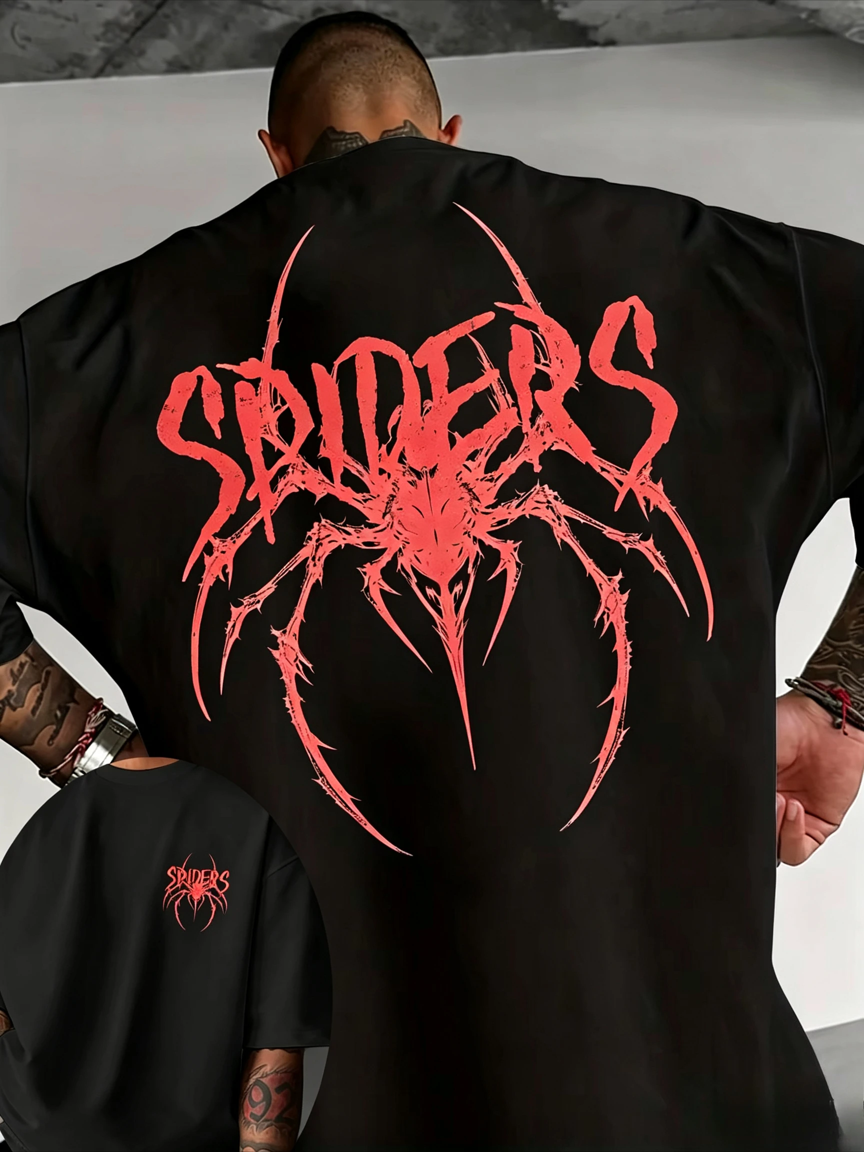 2026 Summer Spider Pattern Fashionable Print Loose T-shirt with Letter Design - Street Casual Short Sleeve Cotton Men's T-shirt
