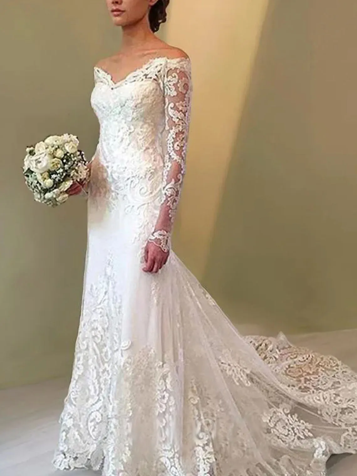 

Elegant Trumpet Lace Wedding Dress Court Train Long Sleeves Off-the-Shoulder Ruffles Appliques 2025 Free Customized